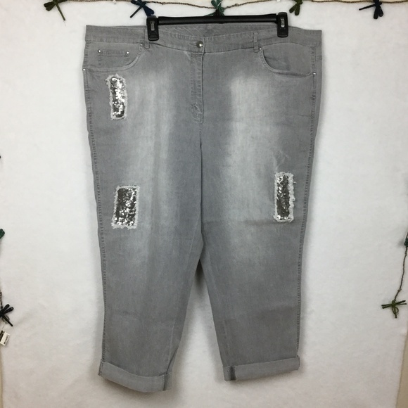 Ruby Rd. Light Gray Wash Sequin & Fray Detail Jean - Picture 1 of 5